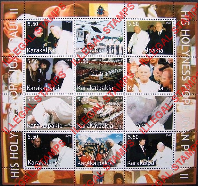 KARAKALPAKIA 2003 His Holiness Pope John Paul II Counterfeit Illegal Stamp Souvenir Sheet of 12 (Sheet 2) KARAKALPAKIA 2003 His Holiness Pope John Paul II Counterfeit Illegal Stamp Souvenir Sheet of 12 (Sheet 2)