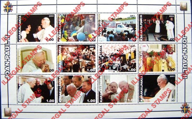 KARAKALPAKIA 2003 Pope John Paul II Entitled JOAN PAUL II Counterfeit Illegal Stamp Souvenir Sheet of 12 (Sheet 1) KARAKALPAKIA 2003 Pope John Paul II Entitled JOAN PAUL II Counterfeit Illegal Stamp Souvenir Sheet of 12 (Sheet 1)