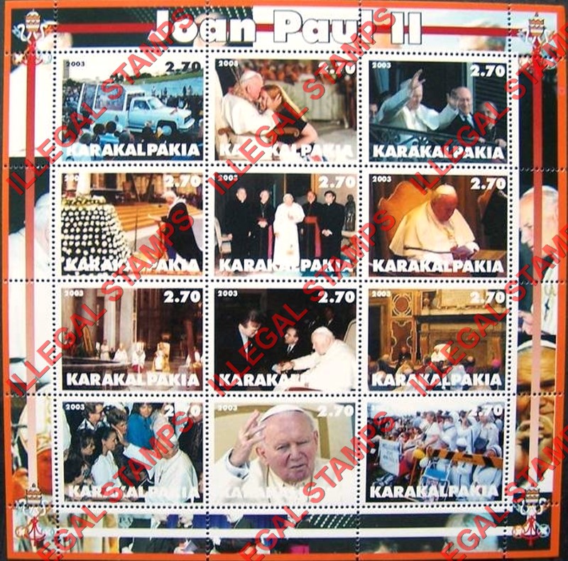 KARAKALPAKIA 2003 Pope John Paul II Entitled JOAN PAUL II Counterfeit Illegal Stamp Souvenir Sheet of 12 (Sheet 3) KARAKALPAKIA 2003 Pope John Paul II Entitled JOAN PAUL II Counterfeit Illegal Stamp Souvenir Sheet of 12 (Sheet 3)