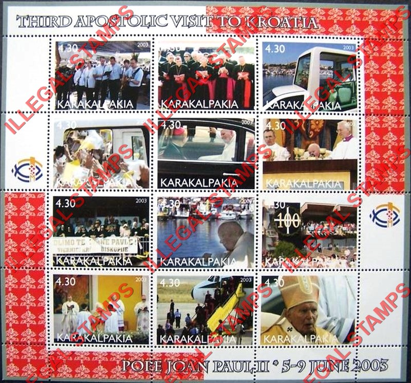 KARAKALPAKIA 2003 Pope John Paul II Third Apostolic Visit to Kroatia Counterfeit Illegal Stamp Souvenir Sheet of 12 KARAKALPAKIA 2003 Pope John Paul II Third Apostolic Visit to Kroatia Counterfeit Illegal Stamp Souvenir Sheet of 12