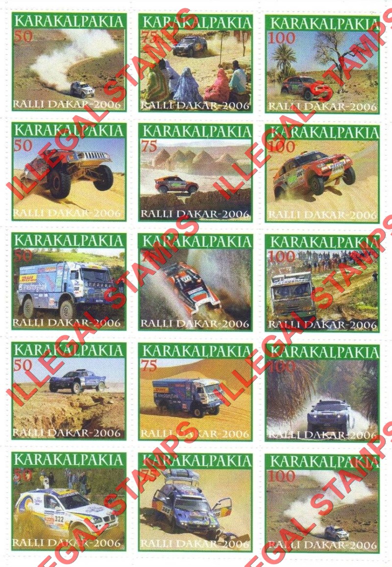 KARAKALPAKIA 2006 Dakar Rally Racing Counterfeit Illegal Stamp Souvenir Sheet of 15 KARAKALPAKIA 2006 Dakar Rally Racing Counterfeit Illegal Stamp Souvenir Sheet of 15