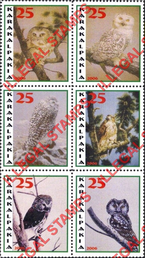 KARAKALPAKIA 2006 Owls Counterfeit Illegal Stamp Block of 6 KARAKALPAKIA 2006 Owls Counterfeit Illegal Stamp Block of 6