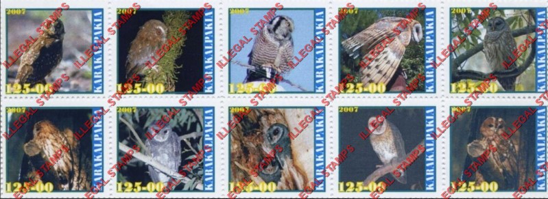 KARAKALPAKIA 2007 Owls Counterfeit Illegal Stamp Block of 10 KARAKALPAKIA 2007 Owls Counterfeit Illegal Stamp Block of 10