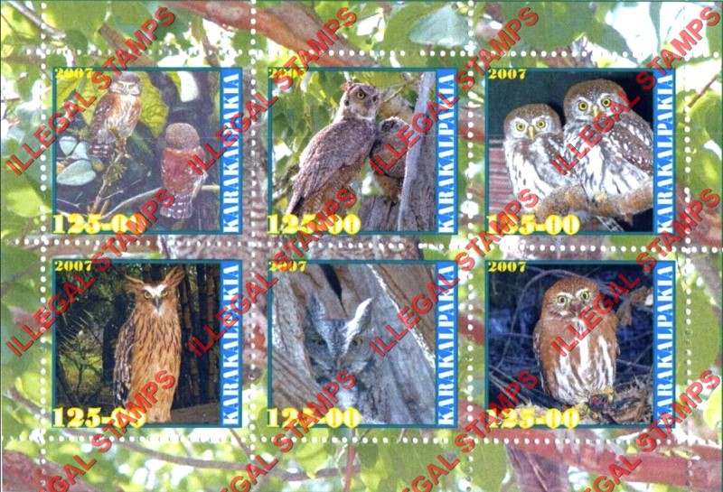 KARAKALPAKIA 2007 Owls Counterfeit Illegal Stamp Souvenir Sheet of 6 KARAKALPAKIA 2007 Owls Counterfeit Illegal Stamp Souvenir Sheet of 6