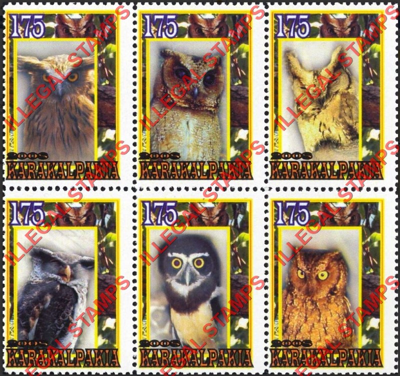 KARAKALPAKIA 2008 Owls Counterfeit Illegal Stamp Block of 6 KARAKALPAKIA 2008 Owls Counterfeit Illegal Stamp Block of 6