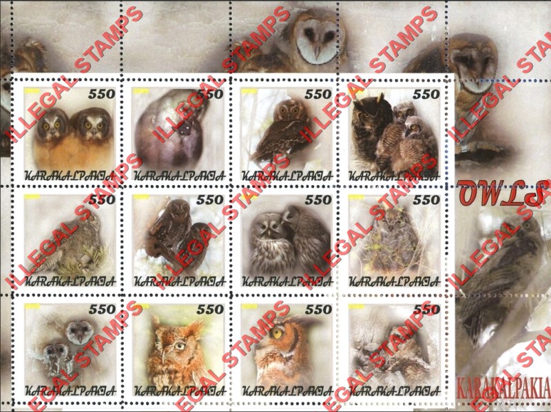KARAKALPAKIA 2009 Owls Counterfeit Illegal Stamp Souvenir Sheet of 12 KARAKALPAKIA 2009 Owls Counterfeit Illegal Stamp Souvenir Sheet of 12