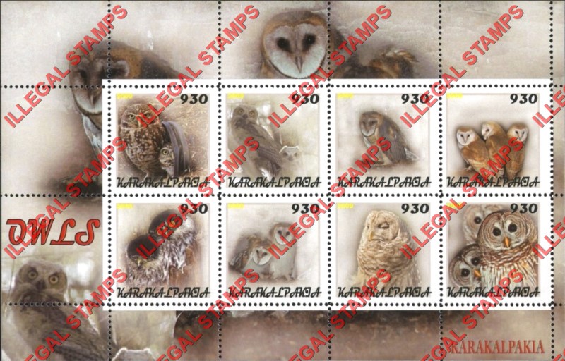 KARAKALPAKIA 2009 Owls Counterfeit Illegal Stamp Souvenir Sheet of 8 KARAKALPAKIA 2009 Owls Counterfeit Illegal Stamp Souvenir Sheet of 8