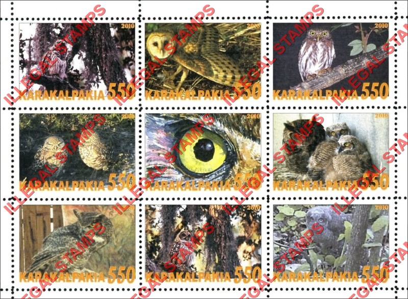 KARAKALPAKIA 2010 Owls Counterfeit Illegal Stamp Souvenir Sheet of 9 KARAKALPAKIA 2010 Owls Counterfeit Illegal Stamp Souvenir Sheet of 9