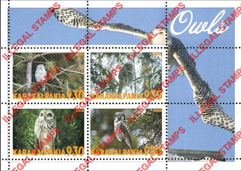 KARAKALPAKIA 2010 Owls Counterfeit Illegal Stamp Souvenir Sheet of 4 KARAKALPAKIA 2010 Owls Counterfeit Illegal Stamp Souvenir Sheet of 4