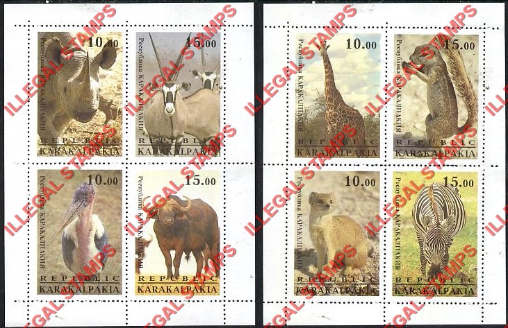 KARAKALPAKIA REPUBLIC 1996 Animals Counterfeit Illegal Stamp Souvenir Sheets of 4 KARAKALPAKIA REPUBLIC 1996 Animals Counterfeit Illegal Stamp Souvenir Sheets of 4