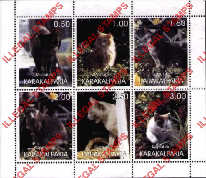 KARAKALPAKIA REPUBLIC 1998 Cats Counterfeit Illegal Stamp Souvenir Sheet of 6 KARAKALPAKIA REPUBLIC 1998 Cats Counterfeit Illegal Stamp Souvenir Sheet of 6