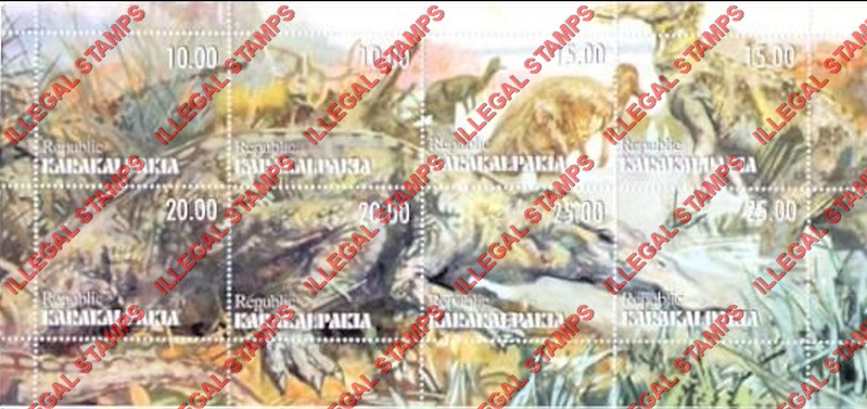 KARAKALPAKIA REPUBLIC 1998 Dinosaurs Counterfeit Illegal Stamp Souvenir Sheet of 8 KARAKALPAKIA REPUBLIC 1998 Dinosaurs Counterfeit Illegal Stamp Souvenir Sheet of 8