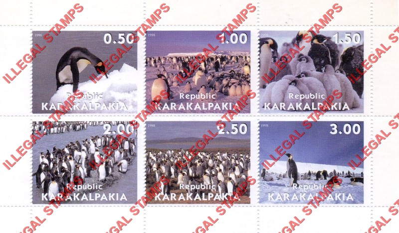 KARAKALPAKIA REPUBLIC 1998 Penguins Counterfeit Illegal Stamp Souvenir Sheet of 6 KARAKALPAKIA REPUBLIC 1998 Penguins Counterfeit Illegal Stamp Souvenir Sheet of 6