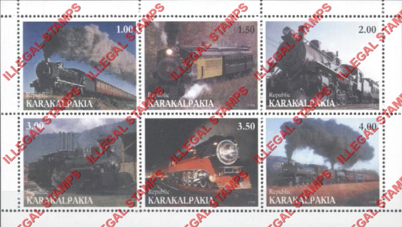 KARAKALPAKIA REPUBLIC 1998 Steam Trains Locomotives Counterfeit Illegal Stamp Souvenir Sheet of 6 KARAKALPAKIA REPUBLIC 1998 Steam Trains Locomotives Counterfeit Illegal Stamp Souvenir Sheet of 6