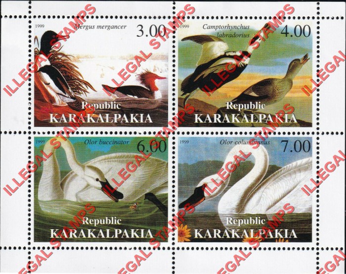 KARAKALPAKIA REPUBLIC 1999 Birds John J. Audubon Counterfeit Illegal Stamp Souvenir Sheet of 4 KARAKALPAKIA REPUBLIC 1999 Birds John J. Audubon Counterfeit Illegal Stamp Souvenir Sheet of 4
