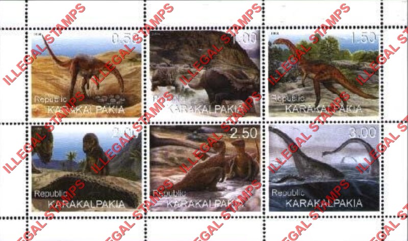 KARAKALPAKIA REPUBLIC 1999 Dinosaurs Counterfeit Illegal Stamp Souvenir Sheet of 6 KARAKALPAKIA REPUBLIC 1999 Dinosaurs Counterfeit Illegal Stamp Souvenir Sheet of 6