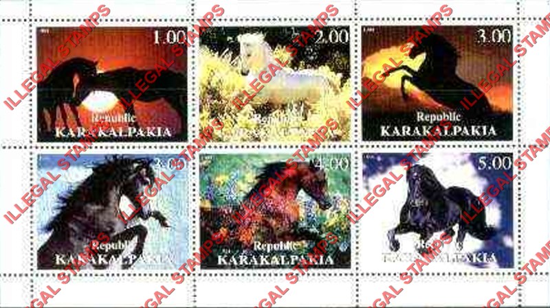 KARAKALPAKIA REPUBLIC 1999 Horses Counterfeit Illegal Stamp Souvenir Sheet of 6 KARAKALPAKIA REPUBLIC 1999 Horses Counterfeit Illegal Stamp Souvenir Sheet of 6