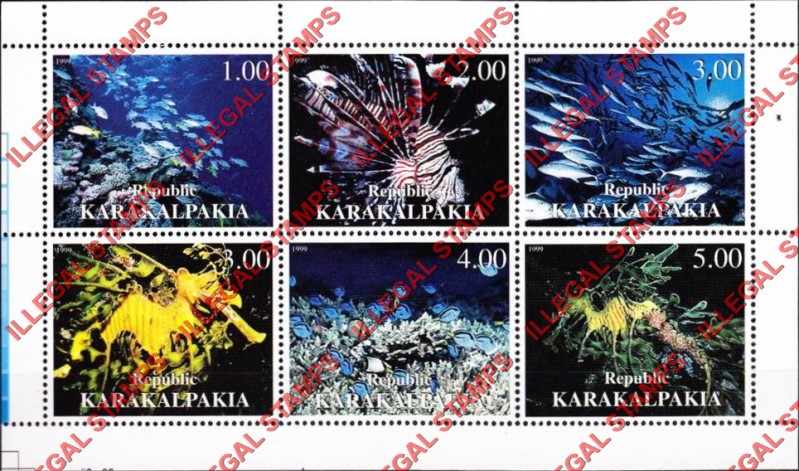 KARAKALPAKIA REPUBLIC 1999 Marine Life Sea Fauna Counterfeit Illegal Stamp Souvenir Sheet of 6 KARAKALPAKIA REPUBLIC 1999 Marine Life Sea Fauna Counterfeit Illegal Stamp Souvenir Sheet of 6