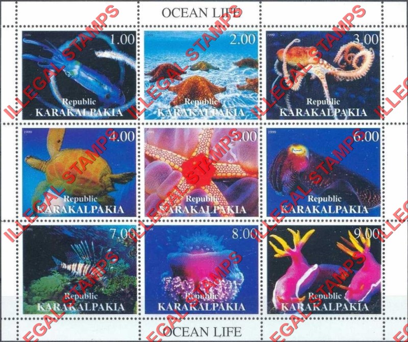 KARAKALPAKIA REPUBLIC 1999 Ocean Life Counterfeit Illegal Stamp Souvenir Sheet of 9 KARAKALPAKIA REPUBLIC 1999 Ocean Life Counterfeit Illegal Stamp Souvenir Sheet of 9