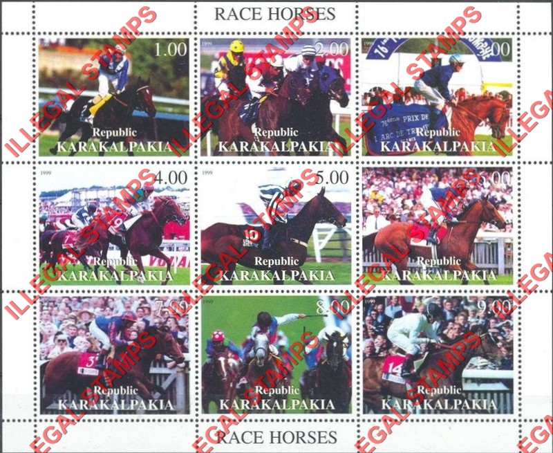 KARAKALPAKIA REPUBLIC 1999 Race Horses Counterfeit Illegal Stamp Souvenir Sheet of 9 KARAKALPAKIA REPUBLIC 1999 Race Horses Counterfeit Illegal Stamp Souvenir Sheet of 9