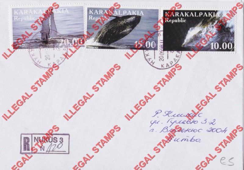 KARAKALPAKIA REPUBLIC 1999 Whales Counterfeit Illegal Stamps on Postally Used Bogus Cover proving Counterfeit Usage (Cover 1) KARAKALPAKIA REPUBLIC 1999 Whales Counterfeit Illegal Stamps on Postally Used Bogus Cover proving Counterfeit Usage (Cover 1)