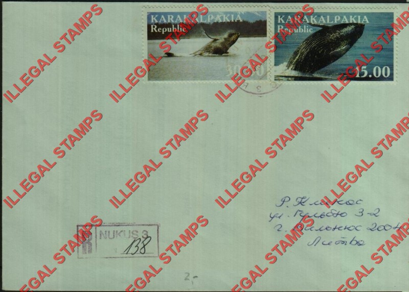 KARAKALPAKIA REPUBLIC 1999 Whales Counterfeit Illegal Stamps on Postally Used Bogus Cover proving Counterfeit Usage (Cover 2) KARAKALPAKIA REPUBLIC 1999 Whales Counterfeit Illegal Stamps on Postally Used Bogus Cover proving Counterfeit Usage (Cover 2)