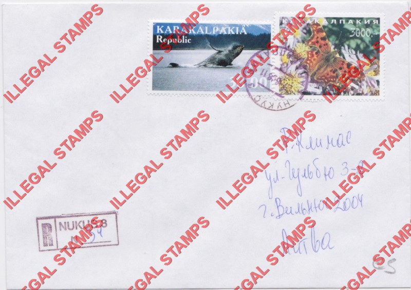 KARAKALPAKIA REPUBLIC 1999 Whales and 1996 Butterflies Counterfeit Illegal Stamps on Postally Used Bogus Cover proving Counterfeit Usage (Cover 3) KARAKALPAKIA REPUBLIC 1999 Whales and 1996 Butterflies Counterfeit Illegal Stamps on Postally Used Bogus Cover proving Counterfeit Usage (Cover 3)