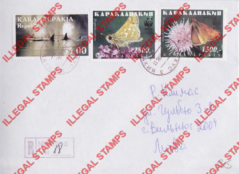 KARAKALPAKIA REPUBLIC 1999 Whales and 1996 Moths Counterfeit Illegal Stamps on Postally Used Bogus Cover proving Counterfeit Usage (Cover 4) KARAKALPAKIA REPUBLIC 1999 Whales and 1996 Moths Counterfeit Illegal Stamps on Postally Used Bogus Cover proving Counterfeit Usage (Cover 4)