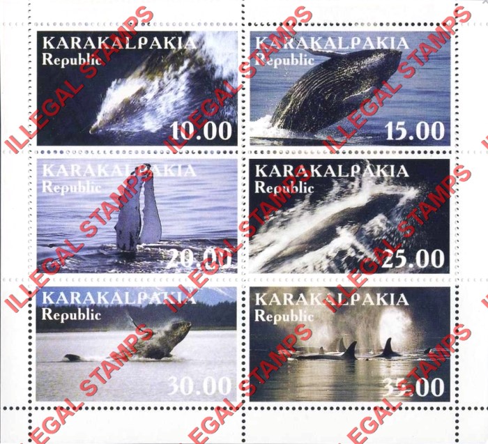 KARAKALPAKIA REPUBLIC 1999 Whales Counterfeit Illegal Stamp Souvenir Sheet of 6 KARAKALPAKIA REPUBLIC 1999 Whales Counterfeit Illegal Stamp Souvenir Sheet of 6