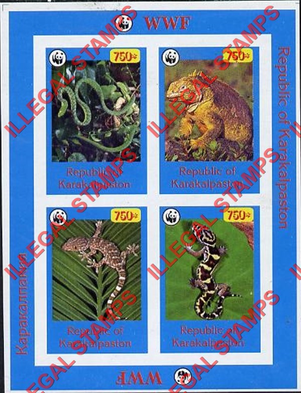 KARAKALPAKISTON 1996 Snakes and Lizards and WWF Logo Counterfeit Illegal Stamp Souvenir Sheet of 4 KARAKALPAKISTON 1996 Snakes and Lizards and WWF Logo Counterfeit Illegal Stamp Souvenir Sheet of 4