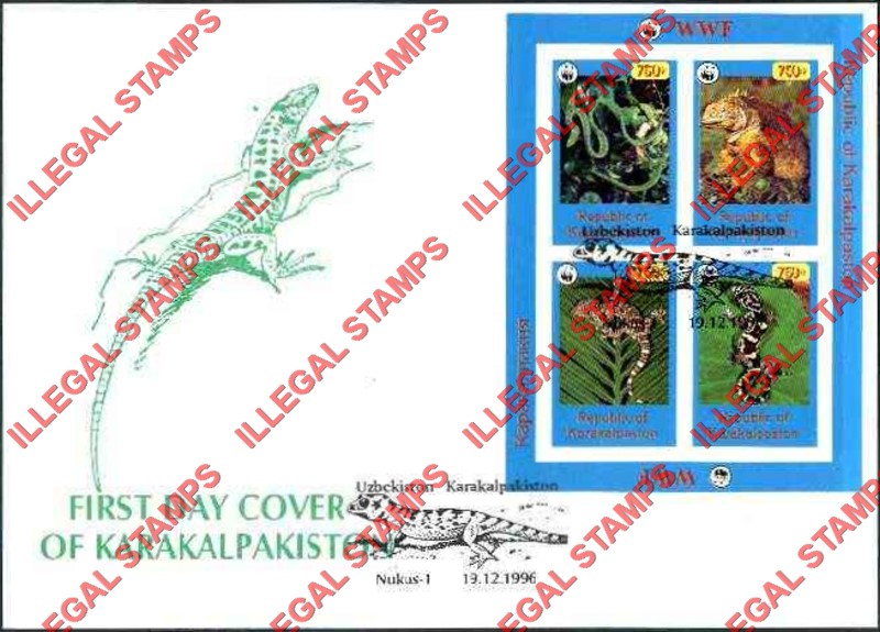 KARAKALPAKISTON 1996 Snakes and Lizards and WWF Logo Counterfeit Illegal Stamp Souvenir Sheet of 4 on Fake First Day Cover KARAKALPAKISTON 1996 Snakes and Lizards and WWF Logo Counterfeit Illegal Stamp Souvenir Sheet of 4 on Fake First Day Cover