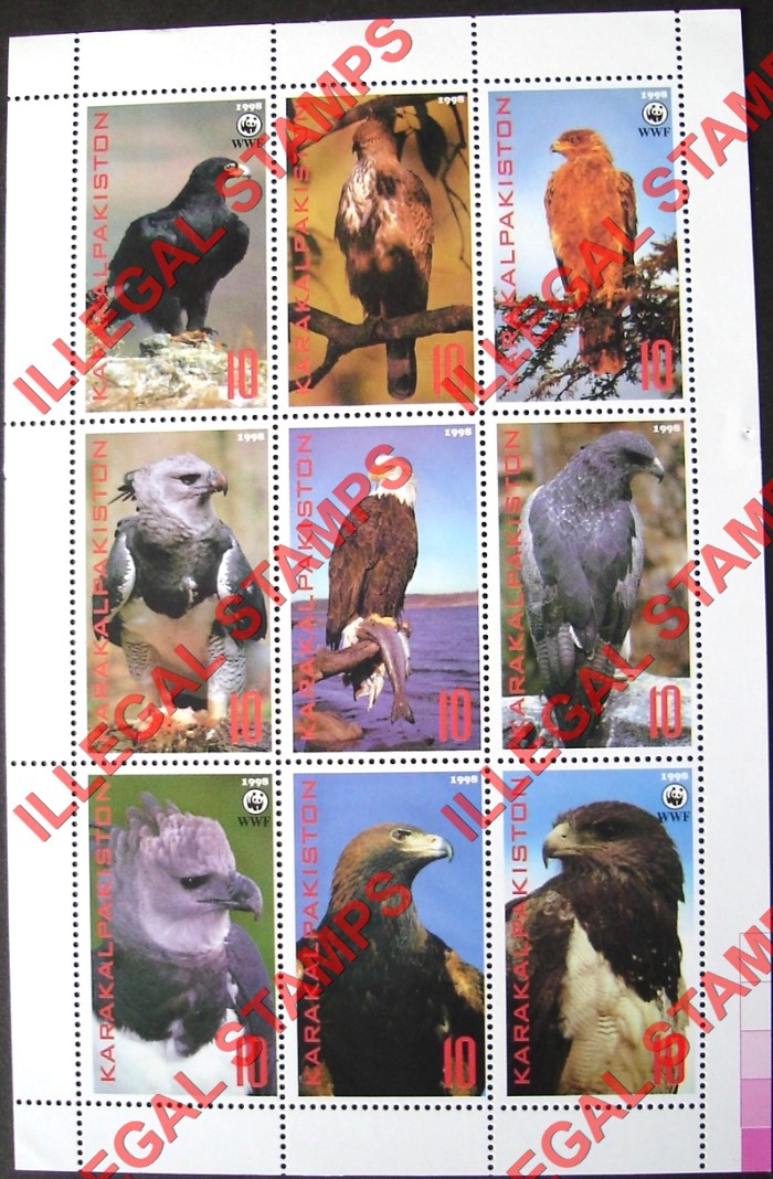 KARAKALPAKISTON 1998 Birds of Prey with WWF Logo Counterfeit Illegal Stamp Souvenir Sheet of 9 KARAKALPAKISTON 1998 Birds of Prey with WWF Logo Counterfeit Illegal Stamp Souvenir Sheet of 9