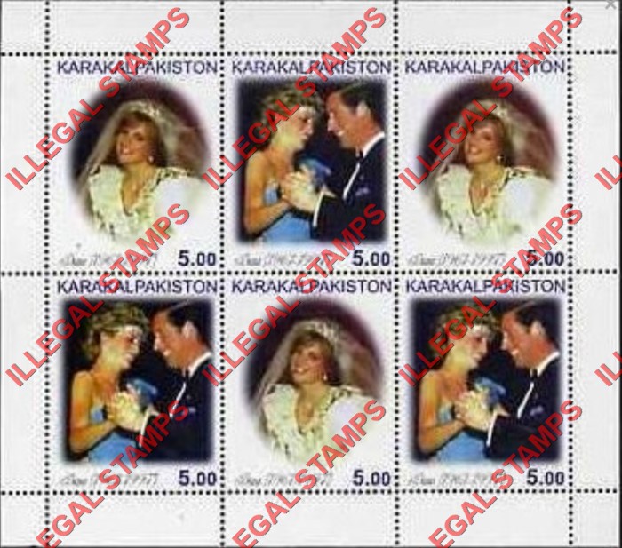 KARAKALPAKISTON 1998 Princess Diana Counterfeit Illegal Stamp Souvenir Sheet of 6 KARAKALPAKISTON 1998 Princess Diana Counterfeit Illegal Stamp Souvenir Sheet of 6
