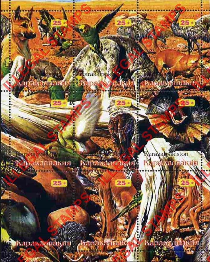 KARAKALPAKISTON 1999 Animals and Birds Counterfeit Illegal Stamp Souvenir Sheet of 9 (Sheet 1) KARAKALPAKISTON 1999 Animals and Birds Counterfeit Illegal Stamp Souvenir Sheet of 9 (Sheet 1)
