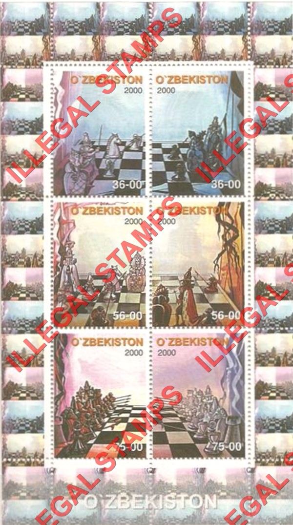 O’ZBEKISTON 2000 Chess Pieces Counterfeit Illegal Stamp Souvenir Sheet of 6 O’ZBEKISTON 2000 Chess Pieces Counterfeit Illegal Stamp Souvenir Sheet of 6