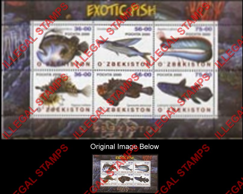 O’ZBEKISTON 2000 Exotic Fish Counterfeit Illegal Stamp Souvenir Sheet of 6 O’ZBEKISTON 2000 Exotic Fish Counterfeit Illegal Stamp Souvenir Sheet of 6