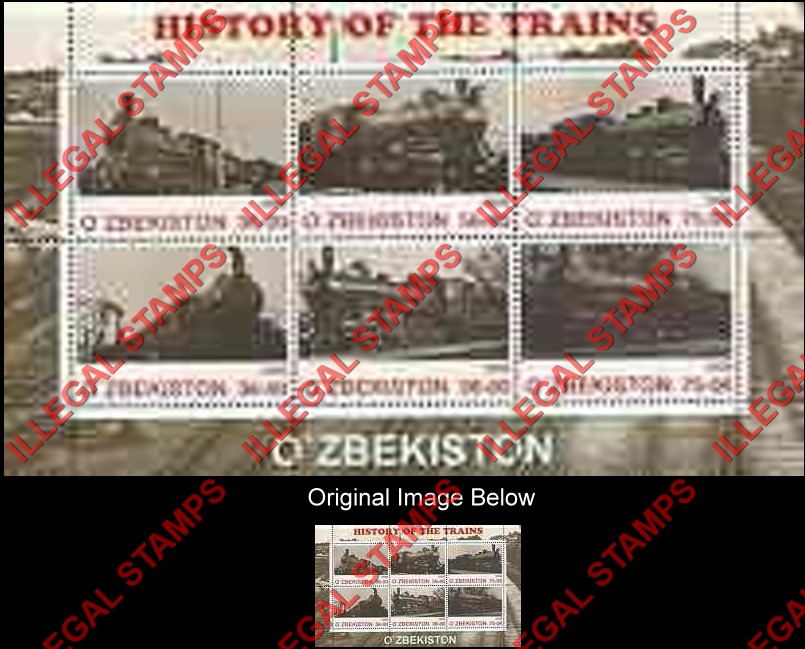 O’ZBEKISTON 2000 History of Trains Counterfeit Illegal Stamp Souvenir Sheet of 6 (Sheet 1) O’ZBEKISTON 2000 History of Trains Counterfeit Illegal Stamp Souvenir Sheet of 6 (Sheet 1)