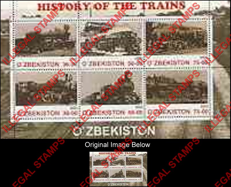 O’ZBEKISTON 2000 History of Trains Counterfeit Illegal Stamp Souvenir Sheet of 6 (Sheet 2) O’ZBEKISTON 2000 History of Trains Counterfeit Illegal Stamp Souvenir Sheet of 6 (Sheet 2)