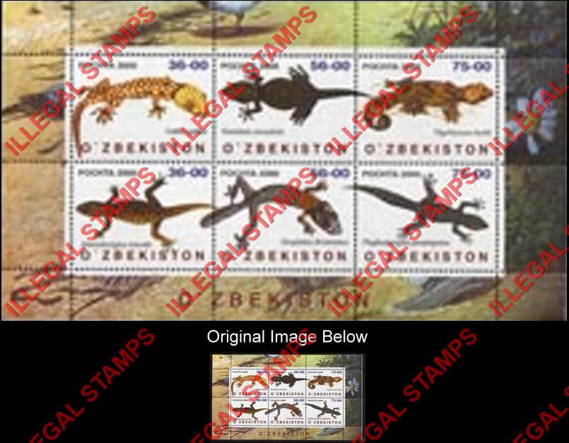 O’ZBEKISTON 2000 Lizards Counterfeit Illegal Stamp Souvenir Sheet of 6 O’ZBEKISTON 2000 Lizards Counterfeit Illegal Stamp Souvenir Sheet of 6