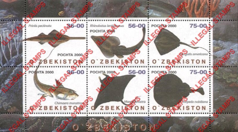 O’ZBEKISTON 2000 Marine Fish Stingrays Counterfeit Illegal Stamp Souvenir Sheet of 6 O’ZBEKISTON 2000 Marine Fish Stingrays Counterfeit Illegal Stamp Souvenir Sheet of 6