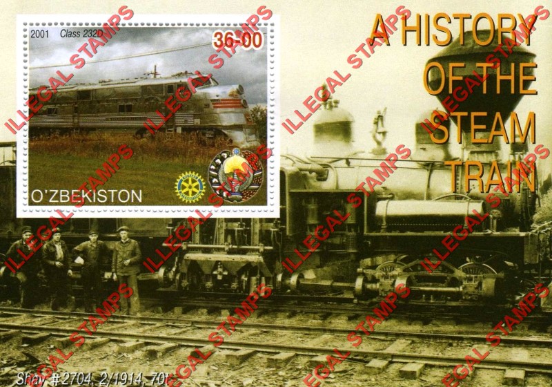 O’ZBEKISTON 2001 History of the Steam Train with Rotary Logo Counterfeit Illegal Stamp Souvenir Sheet of 1 (Sheet 1) O’ZBEKISTON 2001 History of the Steam Train with Rotary Logo Counterfeit Illegal Stamp Souvenir Sheet of 1 (Sheet 1)