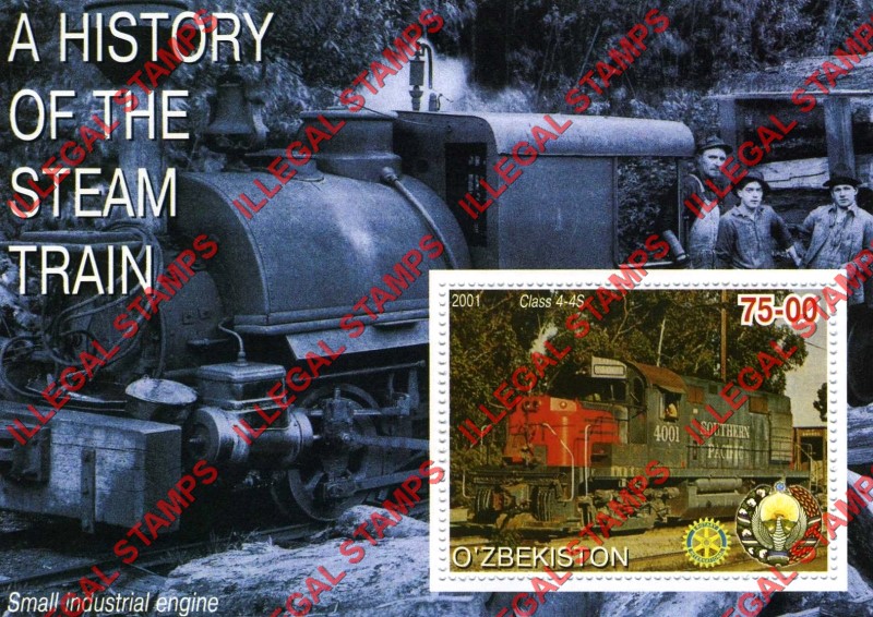 O’ZBEKISTON 2001 History of the Steam Train with Rotary Logo Counterfeit Illegal Stamp Souvenir Sheet of 1 (Sheet 12) O’ZBEKISTON 2001 History of the Steam Train with Rotary Logo Counterfeit Illegal Stamp Souvenir Sheet of 1 (Sheet 12)