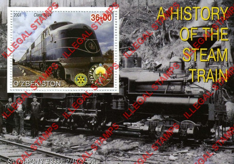 O’ZBEKISTON 2001 History of the Steam Train with Rotary Logo Counterfeit Illegal Stamp Souvenir Sheet of 1 (Sheet 3) O’ZBEKISTON 2001 History of the Steam Train with Rotary Logo Counterfeit Illegal Stamp Souvenir Sheet of 1 (Sheet 3)