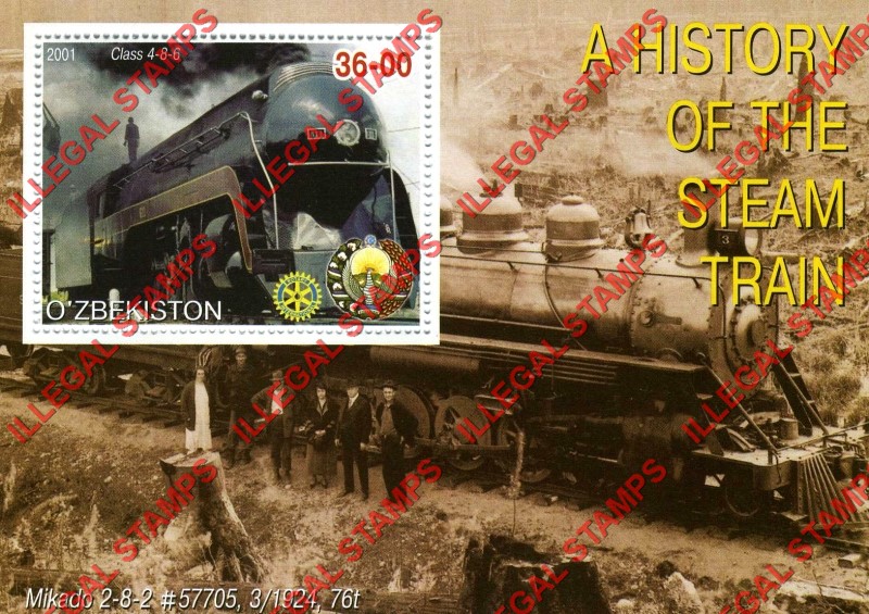 O’ZBEKISTON 2001 History of the Steam Train with Rotary Logo Counterfeit Illegal Stamp Souvenir Sheet of 1 (Sheet 4) O’ZBEKISTON 2001 History of the Steam Train with Rotary Logo Counterfeit Illegal Stamp Souvenir Sheet of 1 (Sheet 4)