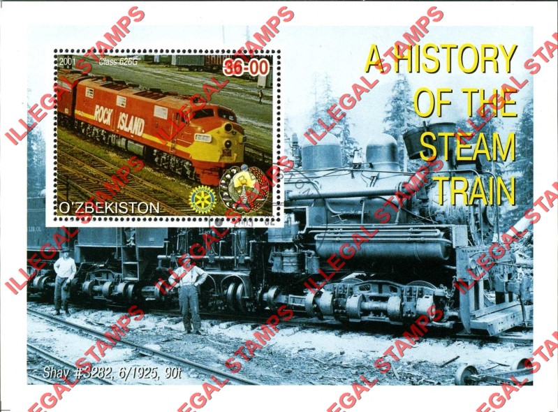 O’ZBEKISTON 2001 History of the Steam Train with Rotary Logo Counterfeit Illegal Stamp Souvenir Sheet of 1 (Sheet 5) O’ZBEKISTON 2001 History of the Steam Train with Rotary Logo Counterfeit Illegal Stamp Souvenir Sheet of 1 (Sheet 5)