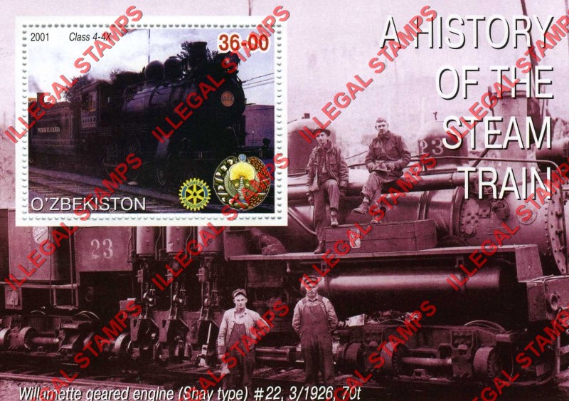 O’ZBEKISTON 2001 History of the Steam Train with Rotary Logo Counterfeit Illegal Stamp Souvenir Sheet of 1 (Sheet 6) O’ZBEKISTON 2001 History of the Steam Train with Rotary Logo Counterfeit Illegal Stamp Souvenir Sheet of 1 (Sheet 6)