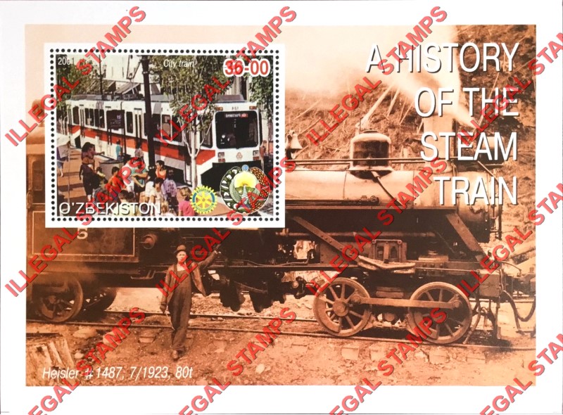 O’ZBEKISTON 2001 History of the Steam Train with Rotary Logo Counterfeit Illegal Stamp Souvenir Sheet of 1 (Sheet 7) O’ZBEKISTON 2001 History of the Steam Train with Rotary Logo Counterfeit Illegal Stamp Souvenir Sheet of 1 (Sheet 7)