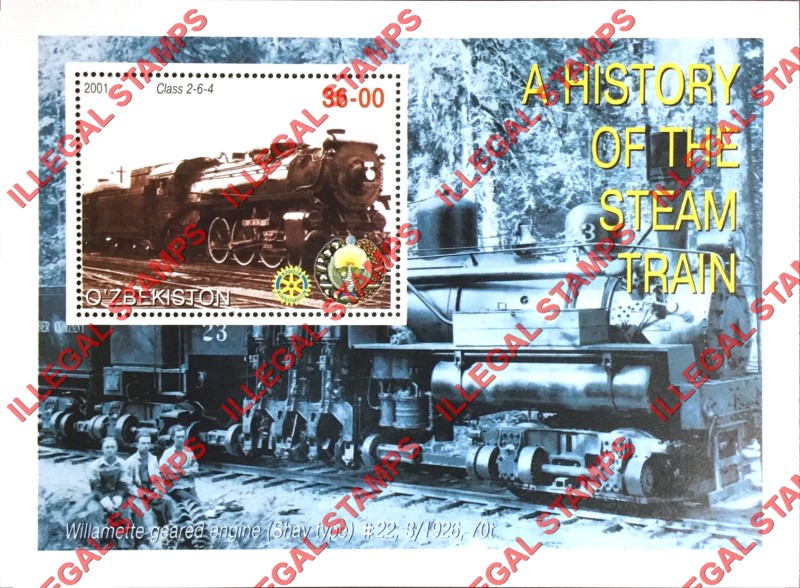 O’ZBEKISTON 2001 History of the Steam Train with Rotary Logo Counterfeit Illegal Stamp Souvenir Sheet of 1 (Sheet 8) O’ZBEKISTON 2001 History of the Steam Train with Rotary Logo Counterfeit Illegal Stamp Souvenir Sheet of 1 (Sheet 8)
