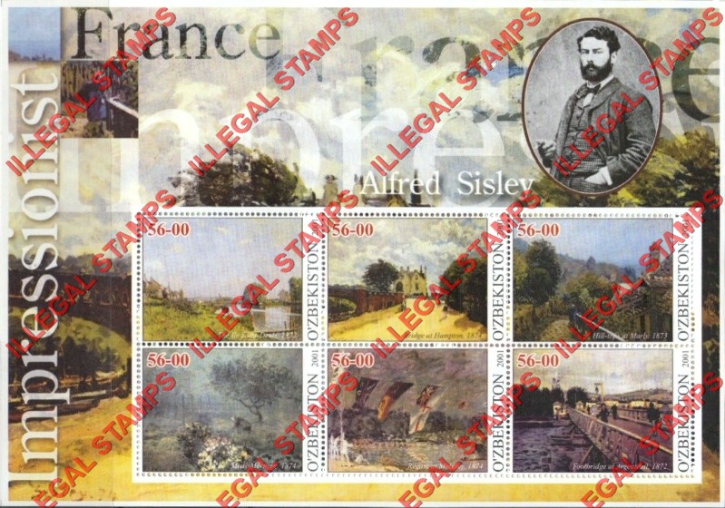O’ZBEKISTON 2001 Paintings Impressionists From France Alfred Sisley Counterfeit Illegal Stamp Souvenir Sheet of 6 O’ZBEKISTON 2001 Paintings Impressionists From France Alfred Sisley Counterfeit Illegal Stamp Souvenir Sheet of 6