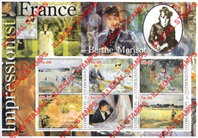 O’ZBEKISTON 2001 Paintings Impressionists From France Berthe Morisot Counterfeit Illegal Stamp Souvenir Sheet of 6 O’ZBEKISTON 2001 Paintings Impressionists From France Berthe Morisot Counterfeit Illegal Stamp Souvenir Sheet of 6